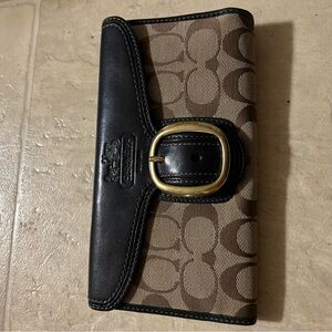 Coach Black and Brown Wallet with Gold Buckle